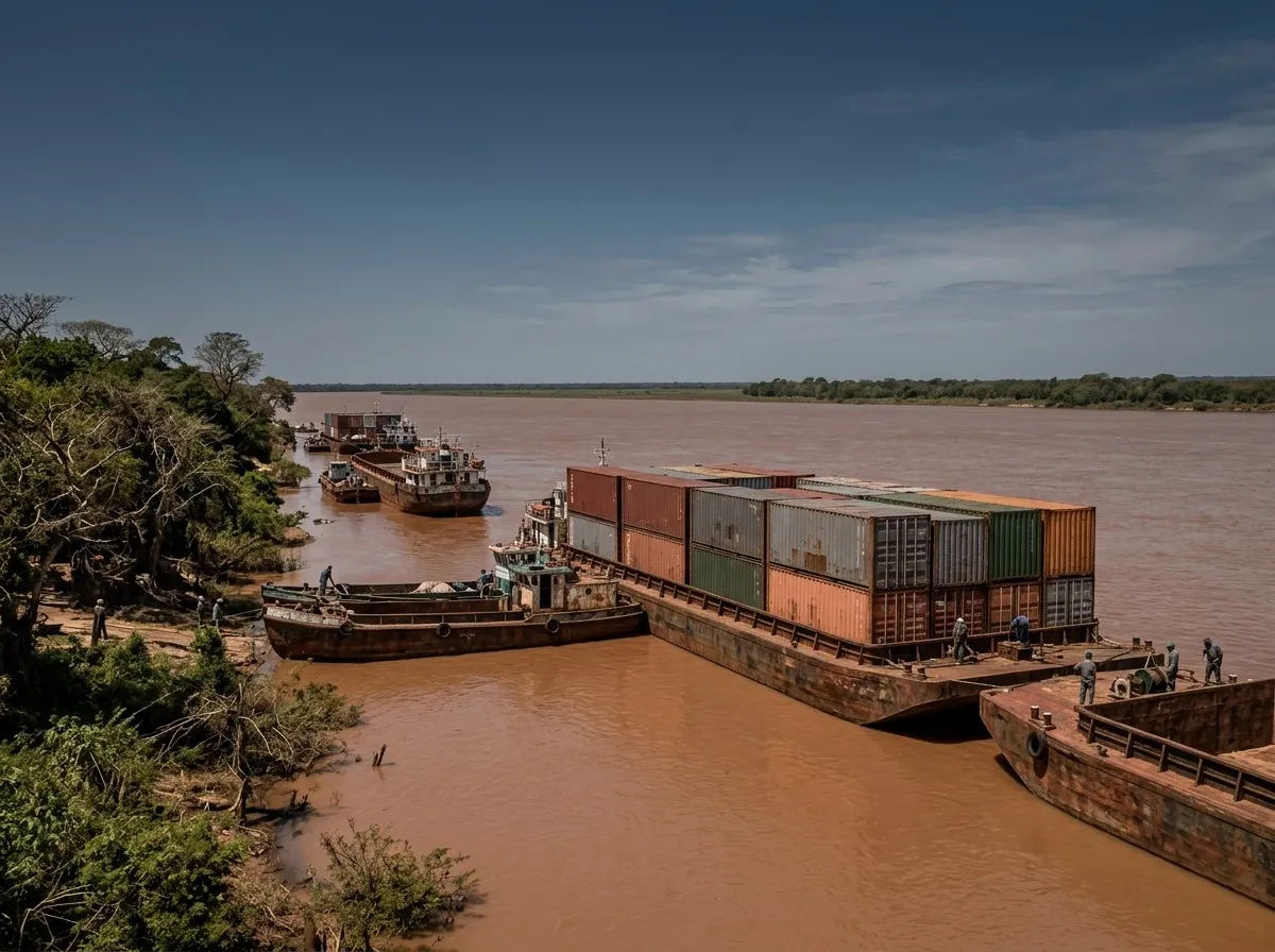 Barcazas con contenedores y remolcadores amarrados en la costa de un río de agua marrón.