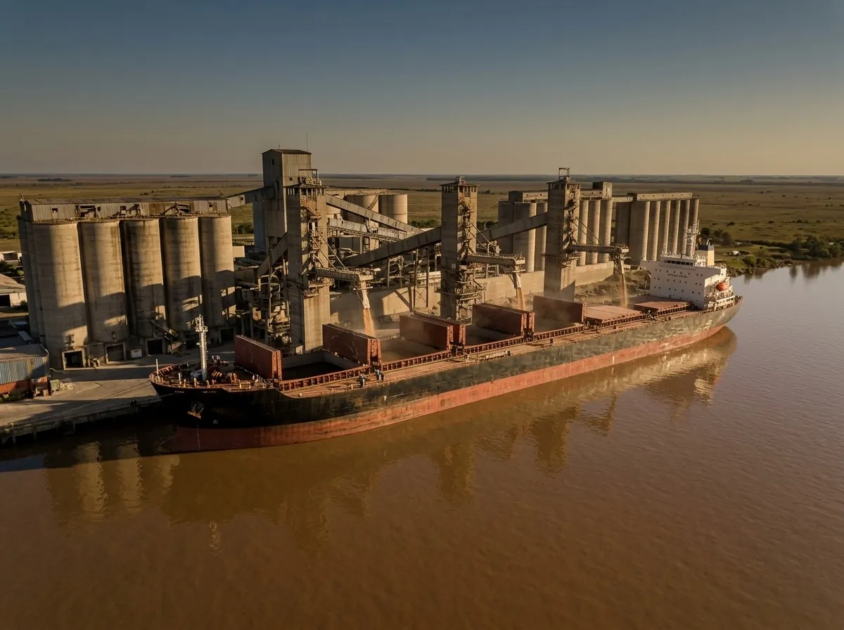 Buque granelero cargando en una terminal de silos sobre el río, al atardecer.