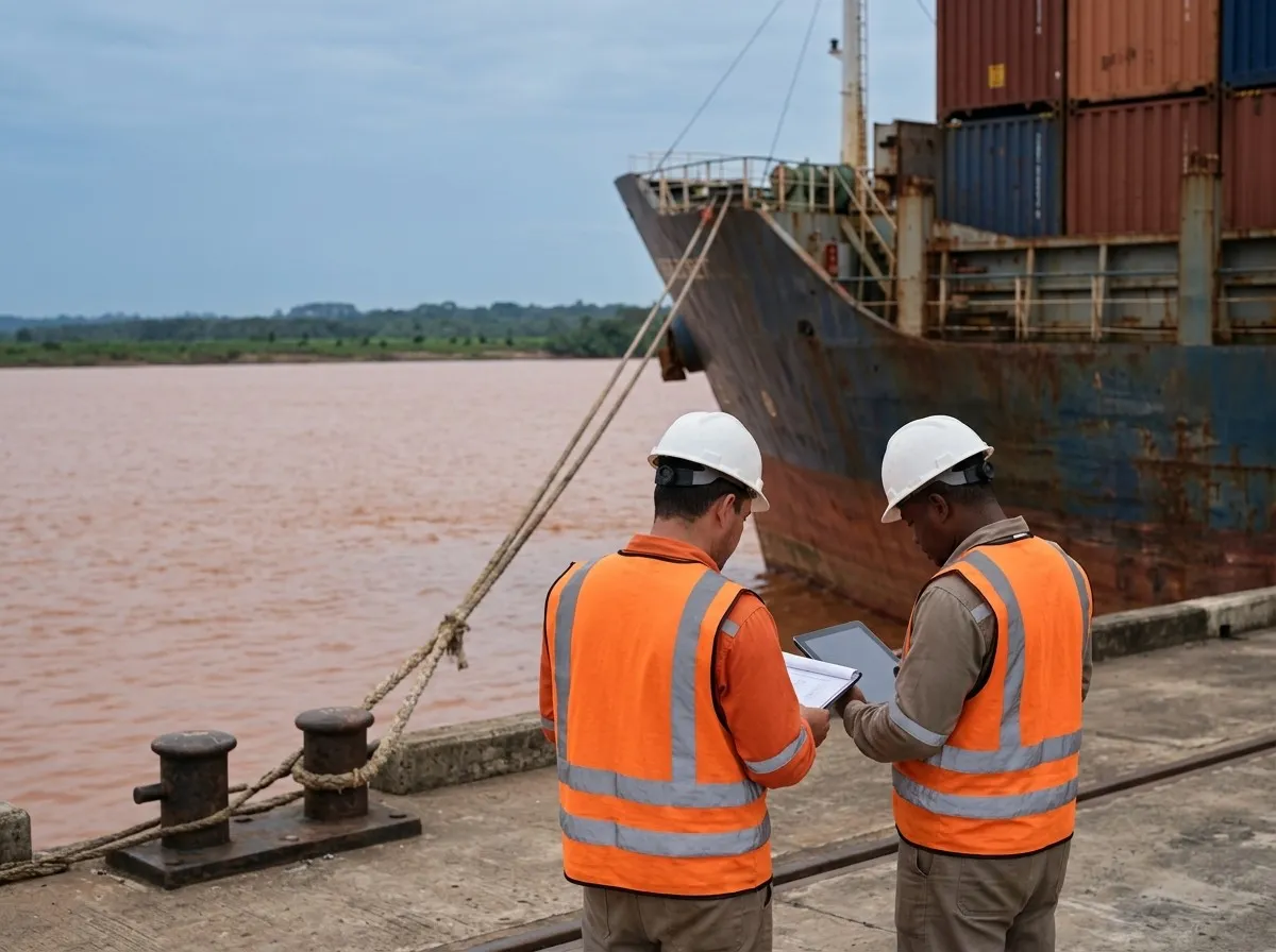 Dos operarios con casco y chaleco revisan documentos en el muelle, junto a un buque amarrado.