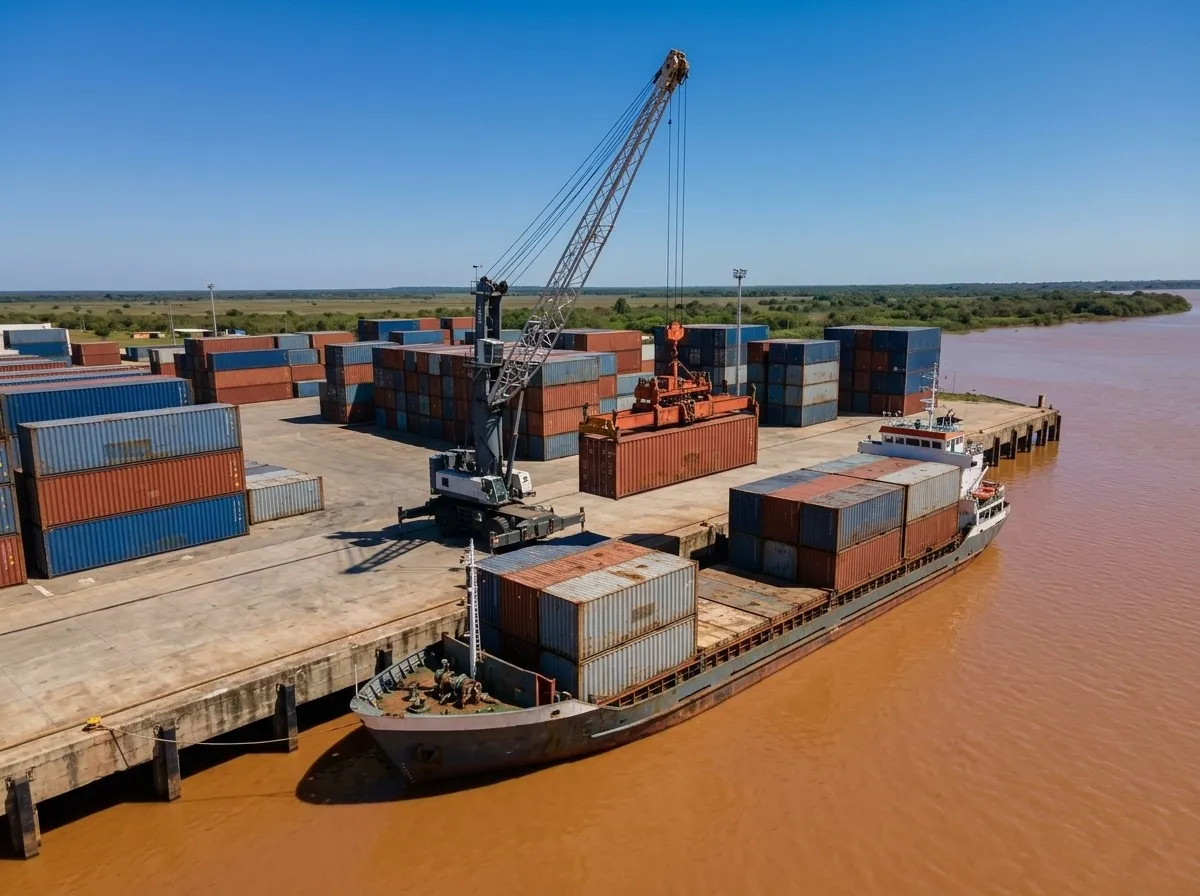 Grúa móvil cargando un contenedor en un buque feeder en una terminal fluvial.